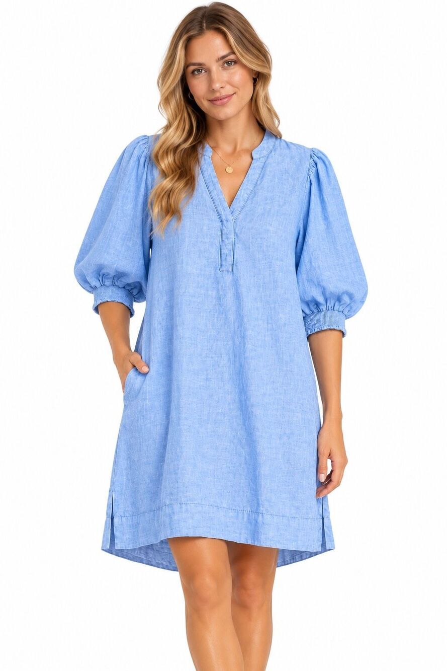 Lilly Pulitzer Mialeigh Blue Linen Puff Sleeve Shift Dress Size 2 XS